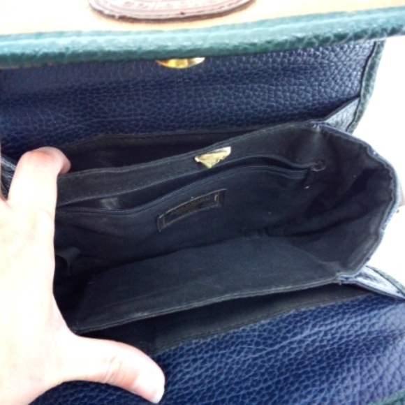 Vintage 80's Portofino Collection Pebbled Leather Navy Blue Green Trim Crossbody - Picture 9 of 15